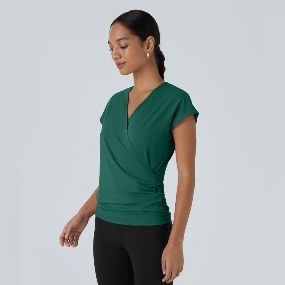 Halara V Neck Cap Sleeve Crossover Ruched Solid Work Blouse small - Picture 3 of 7